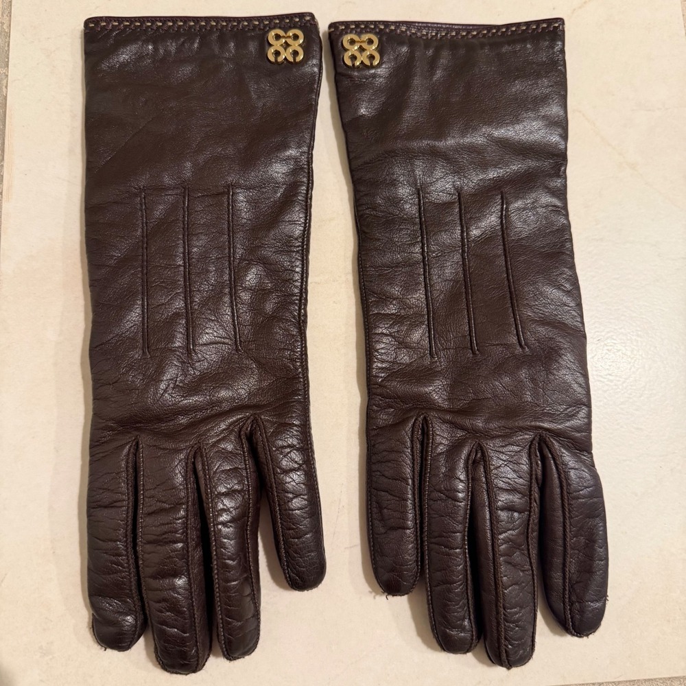 Coach Brown Leather Cashmere Lined Gloves 7.5 Gold Logo old money minimalist